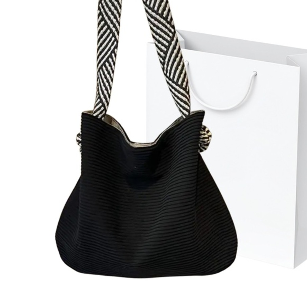 Black and White Striped Shoulder Bag with Textured Fabric NEW